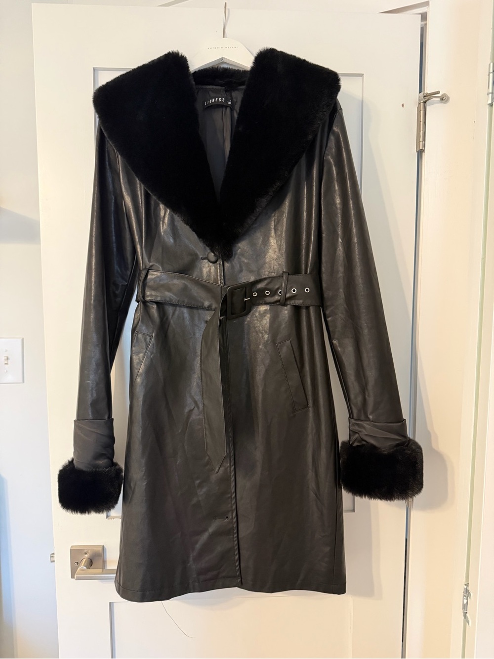 Lioness Black Leather Trench Coat with Faux Fur Trim